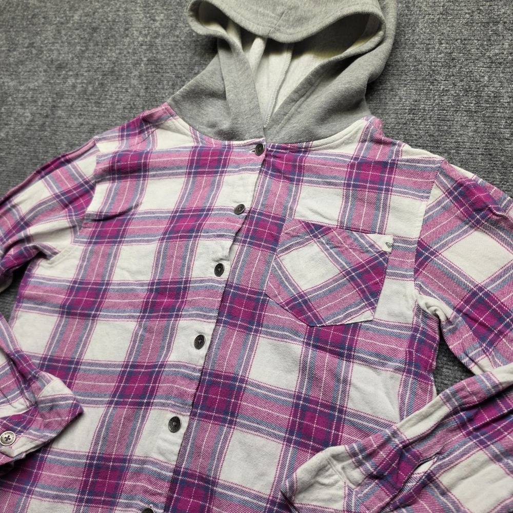 Roxy Girl Pink Purple Plaid Hooded Flannel Button Down Shirt Size L 14/16